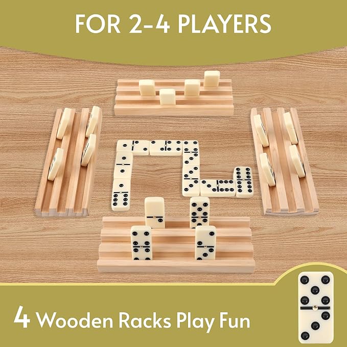 Double 6 Dominos Set for Adults with 4 Wooden Racks & 28 Tiles Travel Dominoes Set Board Game for Family Game Night
