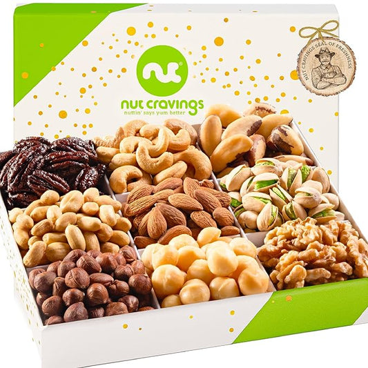 NUT CRAVINGS - Mixed Nuts Gift Basket in White Gold Box (9 Assortments) Food Arrangement, Healthy Snack Care Package, Kosher