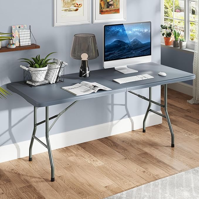 Goplus 6ft Plastic Folding Table, 350 LBS Outdoor Heavy Duty Folding Tables with HDPE Tabletop, Handle, Lock, Foldable Rectangle Portable Utility Card Table for Picnic, Party, Camping, Dining