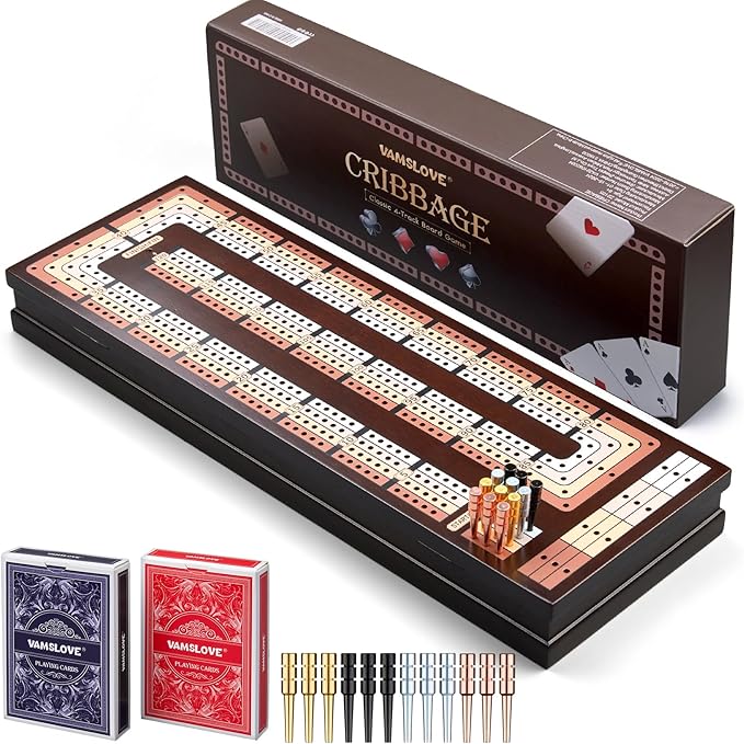 VAMSLOVE Upgraded Wooden 4-Track Cribbage Board Game Magnetic Scoreboard with Large Slots for Storing 2 Playing Cards and 12 Metal Pegs, Travel Family Game Night (Instruction Included)