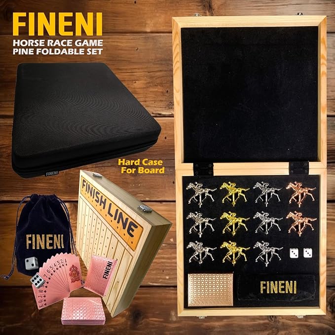 Horse Racing Game for Adults, Foldable Horse Race Board Game with 11 Luxurious Metal Horses (Gold, Silver, Black, RoseGold), 22” Pine Wood Horse Race Game Board, Dice & RoseGoldCard (Log Color)