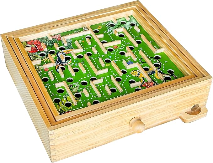 STERLING Games Wooden Labyrinth Jungle Nature Theme Tilt Maze Game with Marble Ball and 60 Waypoints for 6 Years Up, 13.5" x 13" Board