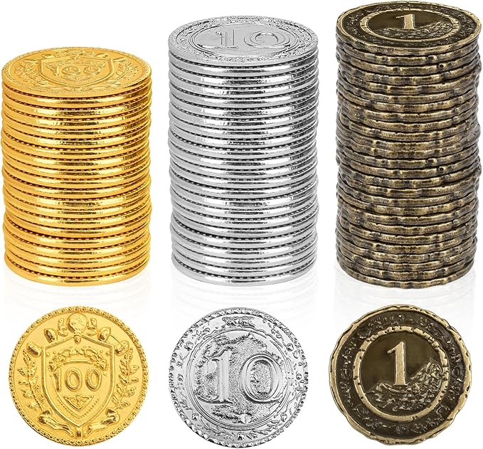 Byhoo 150 PCS Metal DND Coins, 1.2" Gold Silver Copper Tokens with Face Value for Board Game and Tabletop RPG, Fantasy Metal Coins for Pirate Game Party Cosplay