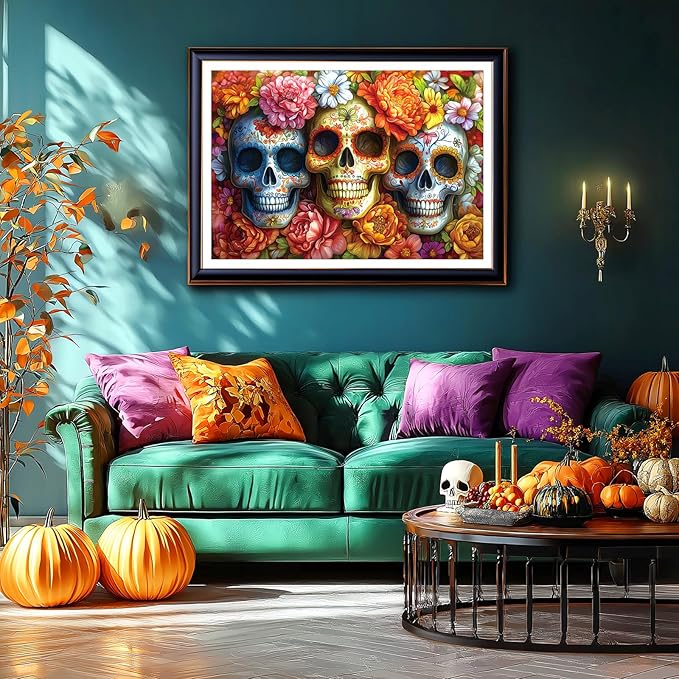 Halloween Sugar Skulls Floral 1000 Piece Jigsaw Puzzle for Adults Colorful Day of The Dead Challenging Mexican Folk Art Puzzle for Game Night Unique Gift for Puzzle Lovers (27x20 Inches)