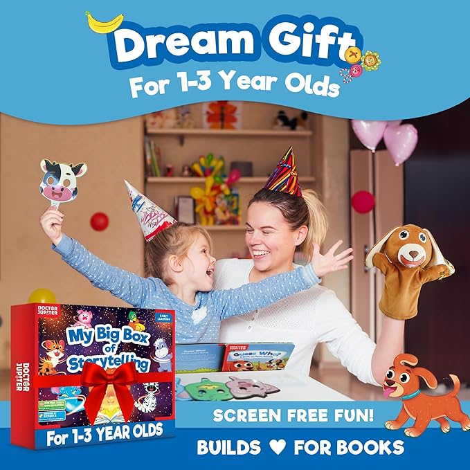 Doctor Jupiter Storytelling Set for Toddlers | Gift for 1-3 Year Old Boys & Girls | Includes 4 Board Books,10 Animal Masks & 1 Hand Puppet |Great for X-Mas or Birthdays|Educational Toy for Ages 1-2-3