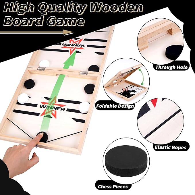 Foldable Large Fast Sling Puck Game, 22.8" Fast Paced Wooden Hockey Slingshot Battle Games Toy for Adults Child, Table Desktop Battle Table Game, Family Party Foosball Winner Board Games Kid Toys