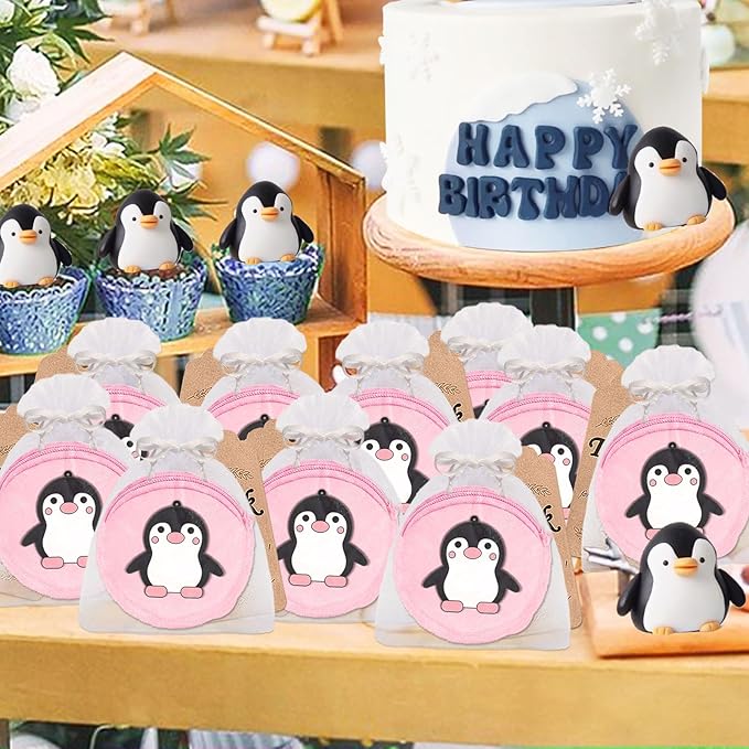 36 Pack Penguin Change Purses Set Include 12 Wallets with Keyring,12 Thank You Tags and 12 Organza Bags for Winter Party Supplies,Guest Return Gift, Animal Themed Party, Birthday,Pink