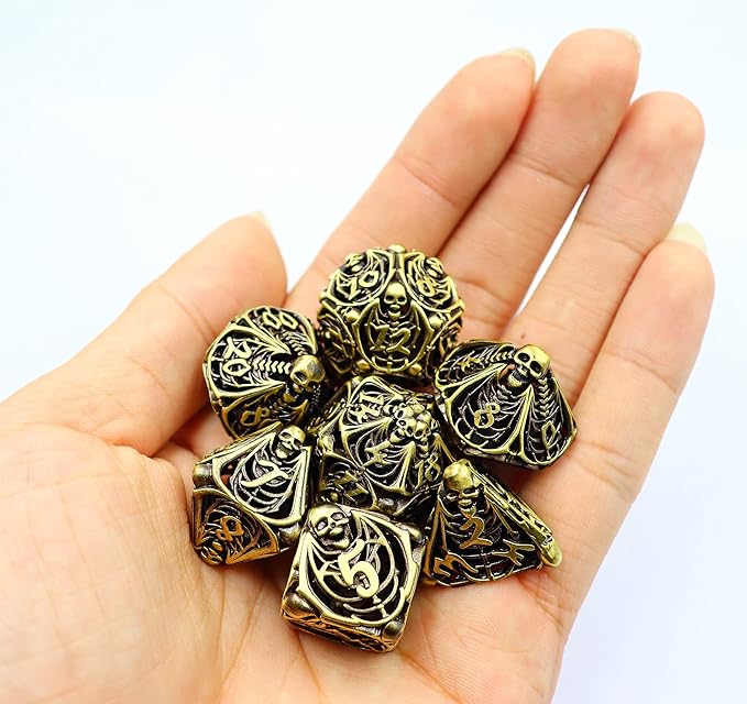 Metal DND Dice Set Skull Dungeons and Dragon Dice Set Hollow Polyhedral Magic 7 PCS Dice Set with Gift Metal Box for Dungeons and Dragons Table Games Play Cards MTG(Skull_Ancient Bronze)
