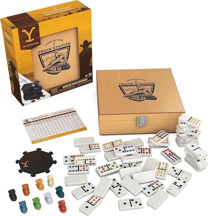 Spin Master Games, Yellowstone Mexican Train Dominoes Set, Classic Tile Board Game in Wood Case for Family Game Night, Modern Dominoes, for Adults and Kids, 2-8 Players Ages 8 & Up