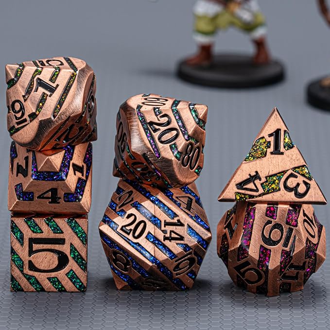 Metallic Glitter Stripes D&D,DND Metal Dice,7pcs Polyhedral Dice Set with Gift Case for D&D Tabletop Game (Antique Red Copper Seven Colors)