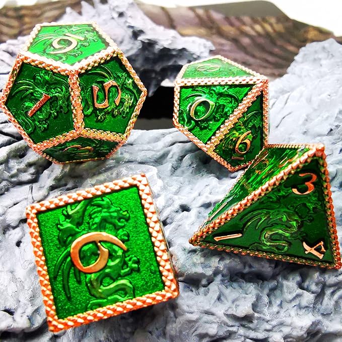 HAOMEJA Dragon Metal Dice DND 7 Set Role Playing Dice D&D Dungeons and Dragons Red Copper Green Zinc Alloy Polyhedral