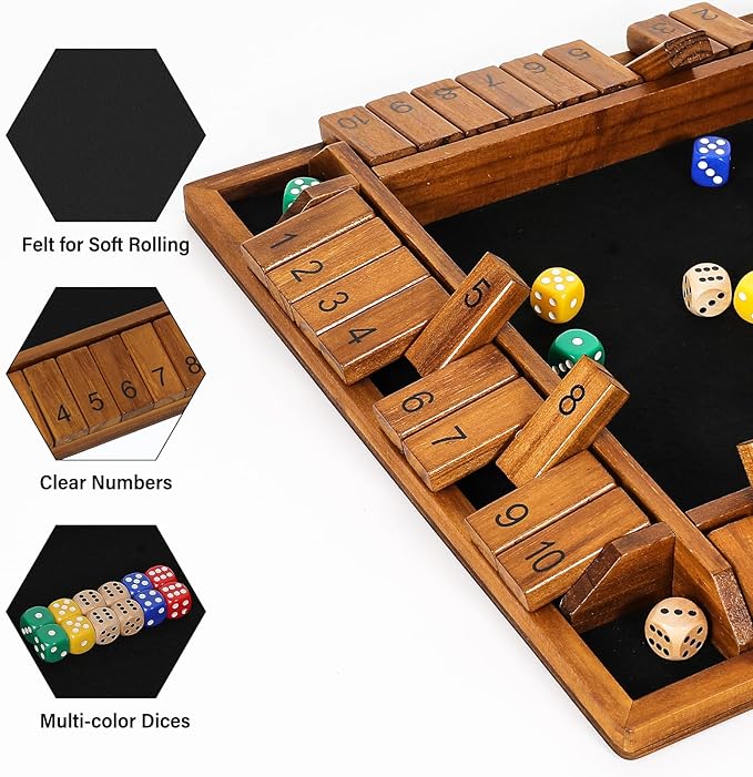 VAMSLOVE Upgraded 14 inches Shut The Box Dice Game Wooden Board Table Math Game with 8+4 Dice for 2-4 Player 4-Sided 10 Number Close The Box for Kids and Adult-Instruction Included