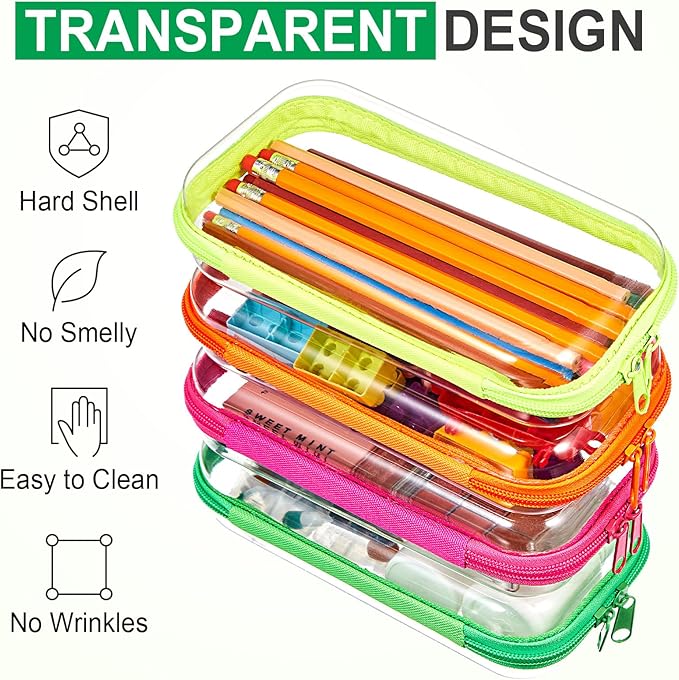 Hoolerry 4 Pcs Hard Clear Zipper Case Transparent Cases for Snacks Makeup Bag Plastic Storage Box Containers for Building Blocks, Puzzles, Cosmetics(Fluorescent,7.5 x 3.9 x 2 in)