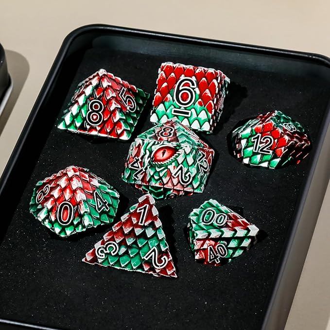 Metal Dice Set D&D,7 PCS Dragon Scale Metallic DND Dice Set,Dragon Eye Metal Dice with Gift Metal Box for Dungeons and Dragon Tabletop Game (Red Green Dragon Scale & Red Eye)