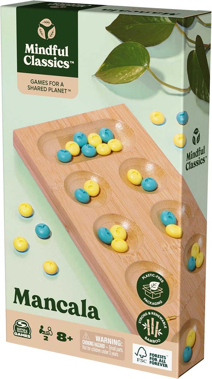 Mindful Classics, Mancala Board Game Made from Bamboo & Recycled Plastic for Earth Day, Eco-Friendly Products for Adults and Kids Ages 8 and up