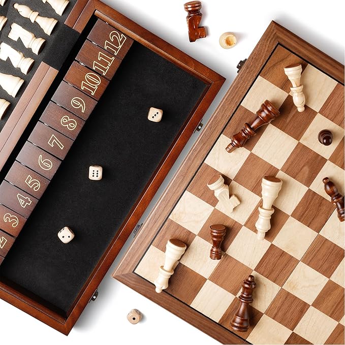 15'' Wooden Chess Set with Shut The Box Game, Magnetic Chess Board-2 Extra Queens-Pieces Storage Slots, Wooden Board Table Math Game, 2-in-1 Folding Board Game Set for Kids, Adults,Beginner