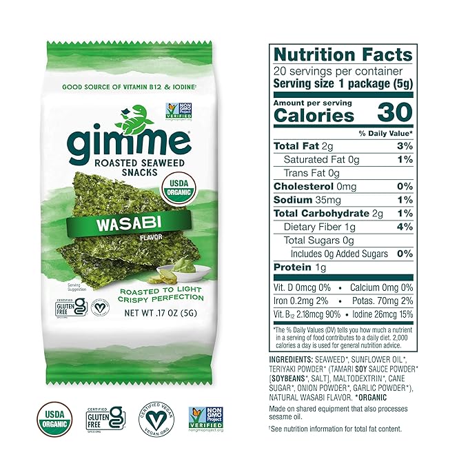 Gimme Seaweed Organic Premium Roasted Seaweed Snacks, Wasabi, 20 Count, Keto, Vegan, Gluten-Free, Great Source of Omega3s and Iodine, Healthy On-The-Go Snack for Kids and Adults