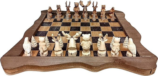 The Bridge Collection Forest Crowd Chessboard - Wooden Chess Board Set - Nice Chess Set for Adults - Exotic Chess Set for Mountain Lodge Cabin Decor