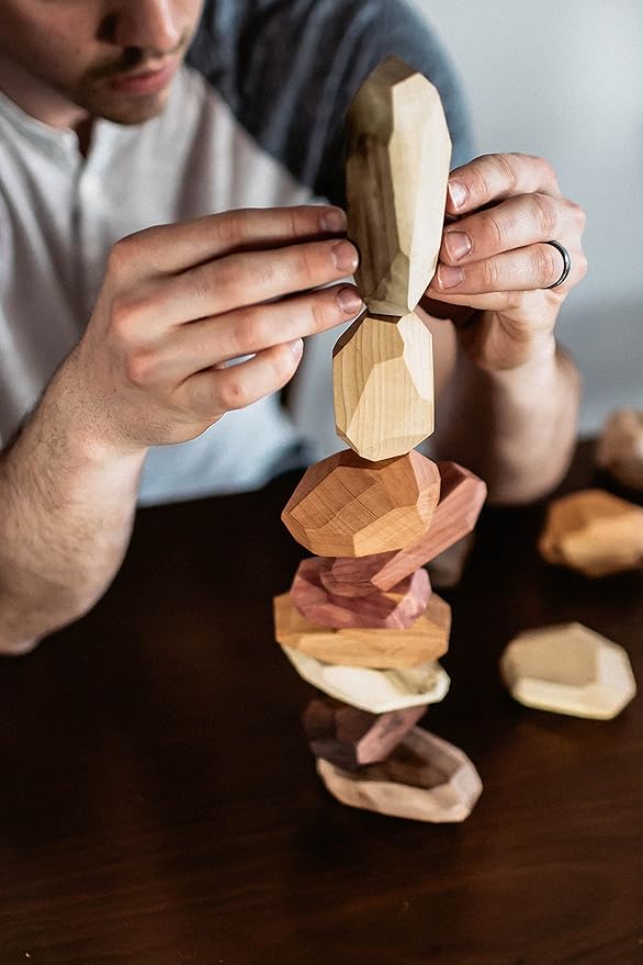 22 Piece Natural Wooden Balancing Block Set - Sensory Educational Natural Wood Toy Stacking Game - Mixed Wood Species - USA Made - Jojoba Oil and Beeswax Finish - Wood Stone Building Blocks