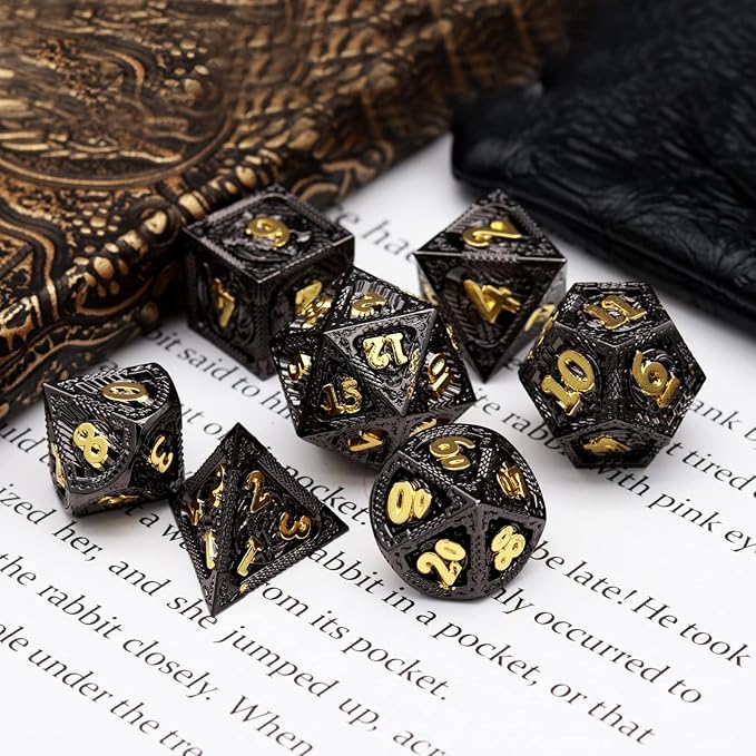 Haxtec Metal DND Dice Set Black Gold Metal D&D Dice with Fire-Breathing Dragon Elements & Leather Dice Bag Polyhedral Dice for Dungeons and Dragons TTRPG Gifts…