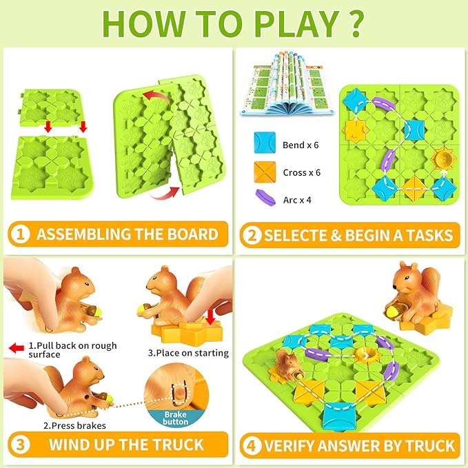 STEM Board Games Kids Toys, Maze Brain Teaser Puzzles Learning Games for Kids Ages 4-8 118 Challenges 5 Difficulty Levels Squirrel Logic Track Building Blocks, Educational Montessori Birthday Gifts