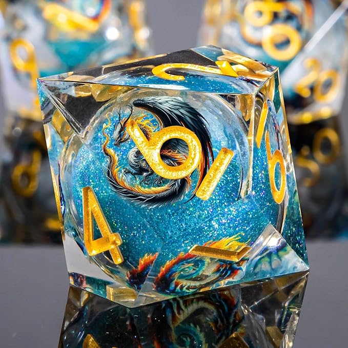 Dragon Pattern Liquid Core DND Dice Set, 7Pcs Sharp Edge Dice with Gift Box, Resin Blue Dungeons Dragons D and D Role Playing Dice D20 D12 D10 D8 D6 D4