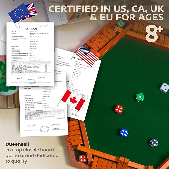 Queensell Shut The Box Game 12 Numbers for 1-6 Players - 16-inch Wooden Board Shut The Box Game 12 Numbers for Adults & Kids - Ideal for Games Night