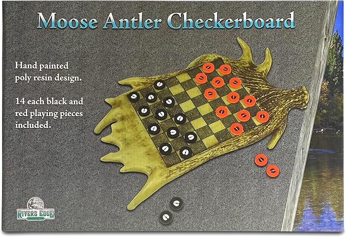Rivers Edge Products Checkerboard Set for Cabin or Lodge, Rustic Checker Board Games for Adults, Tabletop 2 Players Game, Cabin or Lodge, Living Room Decor or Home Office Decor, Moose Antler
