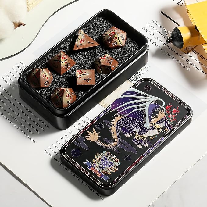 Metal Dice Set DND, DNDND 7 PCS Metallic Flowers D&D Dice with Gorgeous Gift Case for D&D Dungeons and Dragon Tabletop Game (Brown and Cream-Coloured)