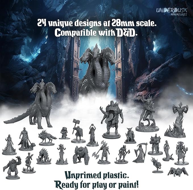Underdusk: Chaotic Encounters - 64 Unpainted Tabletop Miniatures for D&D, Pathfinder & RPGs | Monster Figures Starter Pack with Stat Blocks