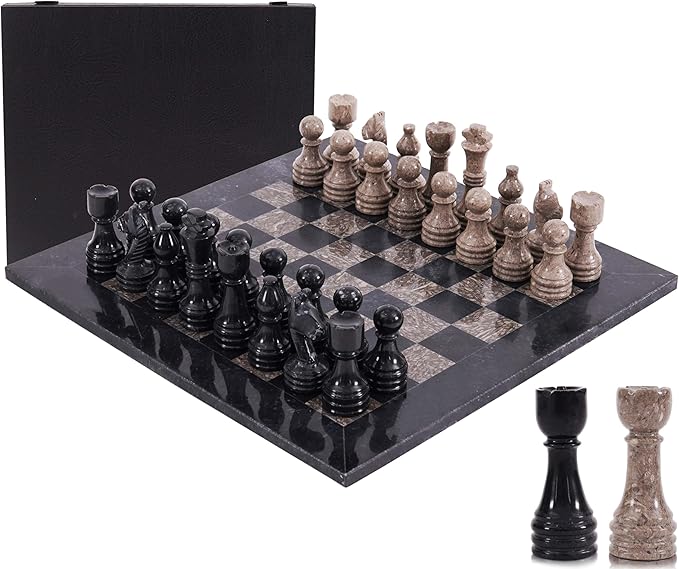 Marble Chess Set 15 Inch Handmade Black & Oceanic Board Game with Storage Box, Classic Travel Chess Set for Adults with Pieces & 2 Extra Queens, Elegant Gift & Home Décor