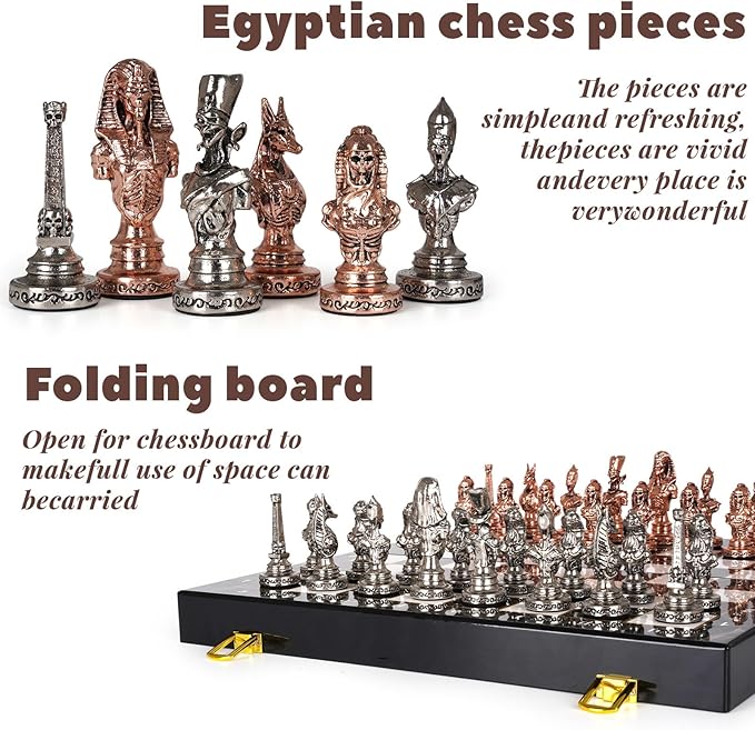 Large Egyptian Metal Chess Set for Adults with Travel Foldable Marbling 15-Inch Chess Board - Weighted Metal Chess Pieces- Luxurious Chess Sets for Collectors Family Vintage Board Game