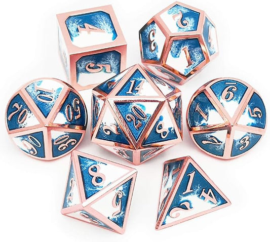 Haxtec Metal DND Dice Set Copper Blue White D&D Dice with Leather Dice Bag for Dungeons and Dragons RPG-Ice Dragon Bait