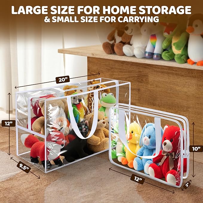 Honeyera Stuffed Animals Storage Bags with Zipper - Set of 2 with 1 Large Toy Storage Bag for Home Organization & 1 Portable Small Tote for Travel - Clear PVC Material for Easy Visibility & Organizin