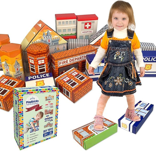 Cardboard Building Blocks, 31 Pack for Kids Jumbo With 5 Building Designs, Thick Pretend Brick Blocks for Building and Stacking Game