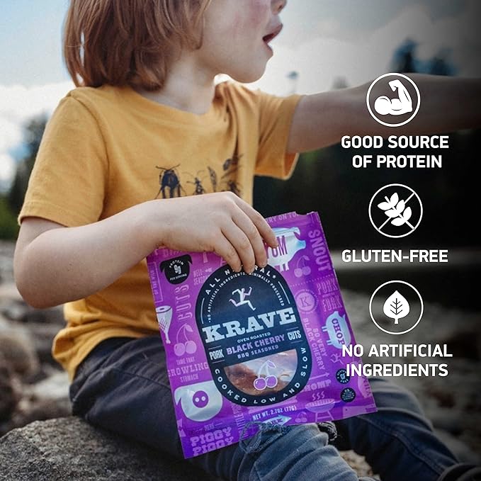 KRAVE All Natural Pork Jerky, Black Cherry BBQ - Protein Packed Snacks Roasted for Maximum Flavor - Premium Tender Meat Cuts - Gluten Free - 2.7 Ounce