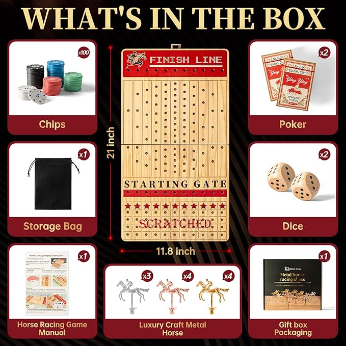 Horse Race Board Game, Large 21" Horse Racing Board Game with 11 Luxury Metal Horses, Foldable Solid Wood Horse Racing Game with Tokens, 2 Sets of Dice, 2 Boxes of Cards for Parties