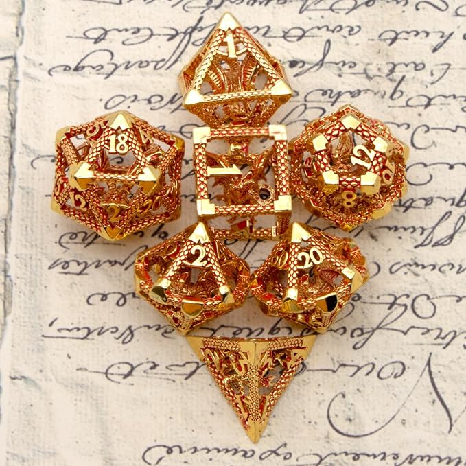 D&D Metal Dice Set - 7pc Polyhedral for Dungeons and Dragons, Role Playing, Table Games, RPG Shadowrun - Hollow Gaming Gift (Gold Red)