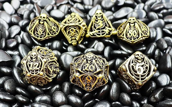 Metal DND Dice Set Skull Dungeons and Dragon Dice Set Hollow Polyhedral Magic 7 PCS Dice Set with Gift Metal Box for Dungeons and Dragons Table Games Play Cards MTG(Skull_Ancient Bronze)