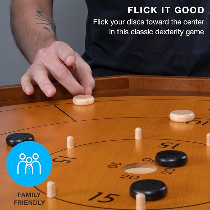 Tournament Crokinole & Checkers | Classic Dexterity Board Game for Two Players | 24 Black & White Discs & Game Board | 30 Inch