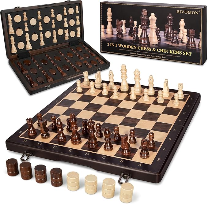 2 in 1 Wooden Magnetic Chess Set & Checkers Board Game-15'' Foldable Chess Board for Adults & Kids-Portable Travel Chess Set with Pieces Storage Slots-2 Extra Queens-Beginner Chess Board Game