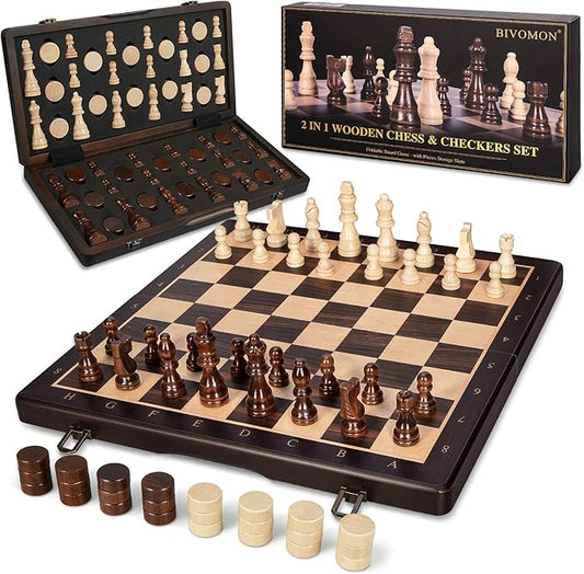 2 in 1 Wooden Magnetic Chess Set & Checkers Board Game-15'' Foldable Chess Board for Adults & Kids-Portable Travel Chess Set with Pieces Storage Slots-2 Extra Queens-Beginner Chess Board Game