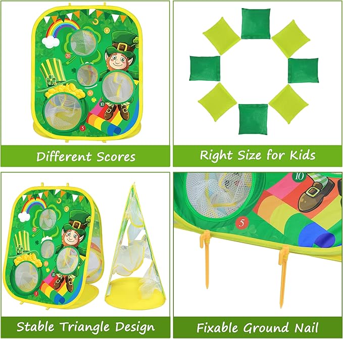 2 in 1 St Patricks Day Easter Bean Bag Toss Games for Kids, St Patricks Day Leprechaun Bunny Tossing Games Easter Gifts Party Favors for Kids Ages 4 8 Outdoor Yard Toys
