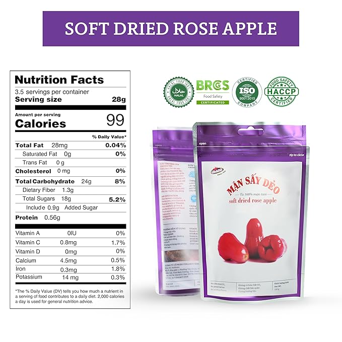 Vinamit Soft Dried Rose-Apple | Dried Prunes 3.5 oz Bag | Tropical Fruit Snack | Vegan, Gluten-Free | High in Fiber, No GMO, Ideal for Healthy Snacking