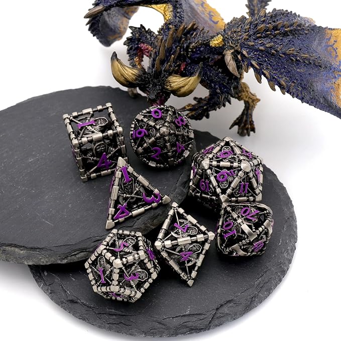 Hollow Grim Reaper Metal Polyhedral Dice Set - Purple Numbered D&D, Pathfinder, Warhammer, Shadowrun Gaming Dice