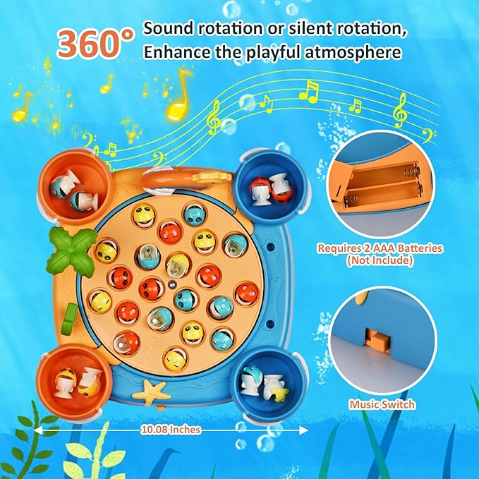 Magnetic Fishing Game Set - 21 Fish and 6 Poles, Rotating Toddler Board Games with Music Switch, Fine Motor Skills Fishing Toys for Kids and Toddlers 3 4 5 6 7 8 and Up