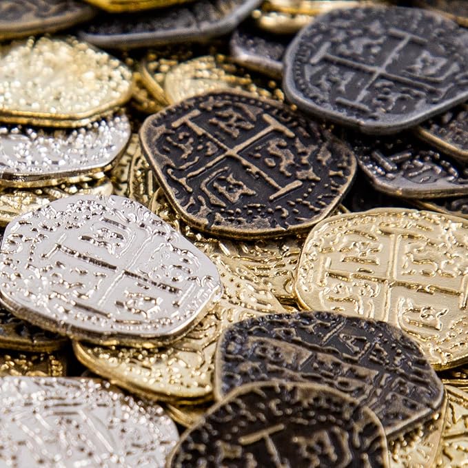 Beverly Oaks Metal Pirate Coins - Gold and Silver Spanish Doubloon Replicas - Fantasy Metal Coin Pirate Treasure (30-Coins)