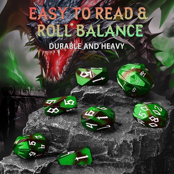 Metal DND Dice for Dungeons and Dragon, Metal Dice Set D and D with Cardboard Box Unique Cool RPG Polyhedral Dice for Role Playing Tabletop Games Gifts (Black Green)