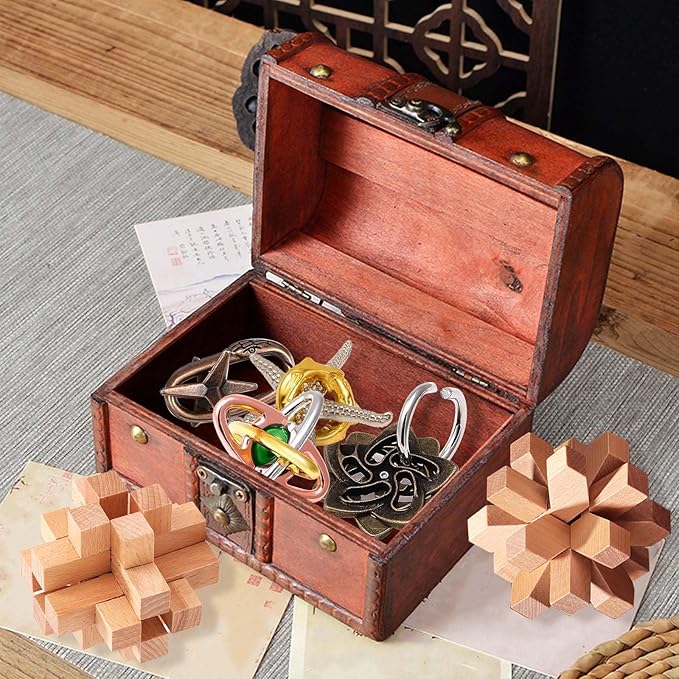 9 pcs Metal Wooden Brain Teaser Puzzle Logic Metal Puzzle for Adult Kid Toy Lock Puzzles Gift for Adults Teenagers Kids