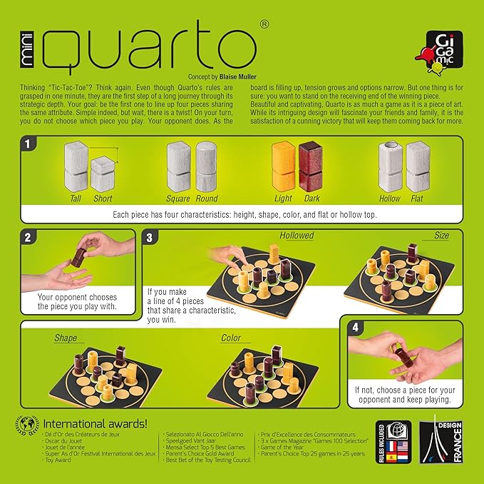 Quarto Mini | Travel-Friendly Strategy Game for Adults and Families | Ages 8+ | 2 Players | 15 Minutes